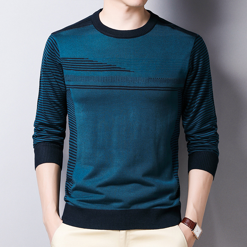 Men Fashion Striped Casual Sweater Autumn Winter Cotton Knitwear O Neck Pullover Shirt Men Thin basic sweater for men