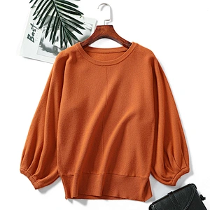 Winter knitted tops blouses women round neck puff sleeves solid color loose pullover sweaters