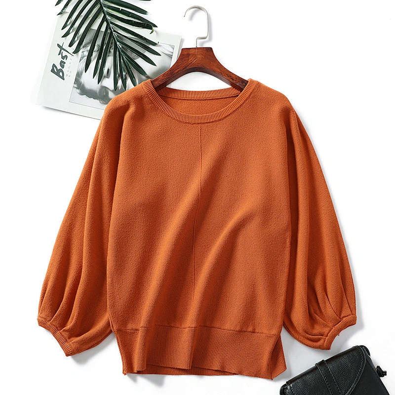Winter knitted tops blouses women round neck puff sleeves solid color loose pullover sweaters