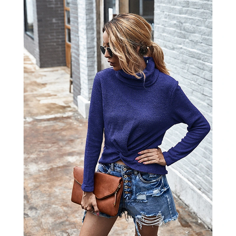 Women sweaters pure color turtleneck sweater irregular casual knit sweater wholesale custom