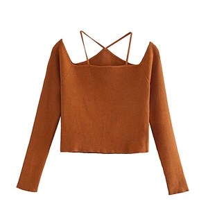 Straps Cut-out women brown black sexy sweater tops  trendy ripped wholesale backles fall fashion chic sweater