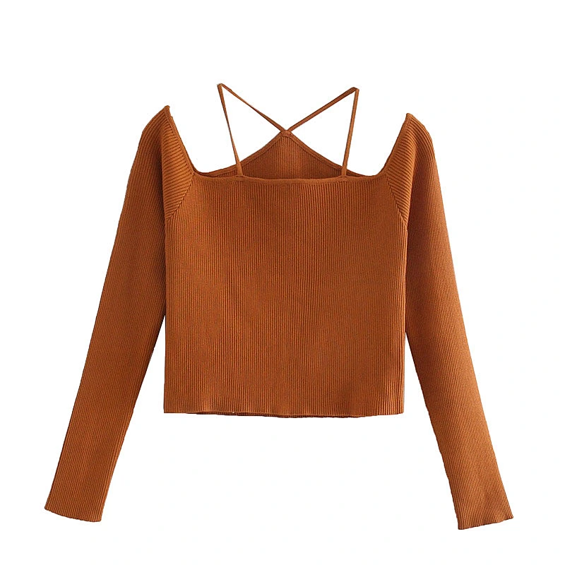 Straps Cut-out women brown black sexy sweater tops  trendy ripped wholesale backles fall fashion chic sweater