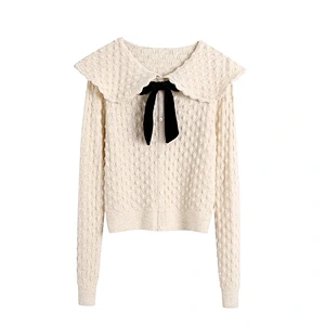 Jumpers woman Velvet Bow Striped Textured  custom knit sweater women knitted sweater for ladies