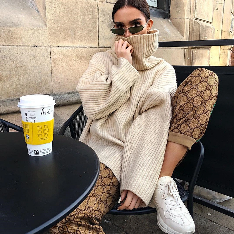 Women clothing high collar pure color sweater casual elegant fall apparel stock