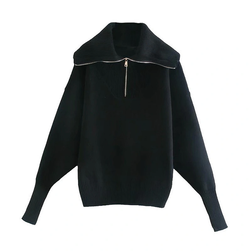 Ribbed Trim Loose Knitted Zip-up casual zipper sweater women High Collar turtle neck oversized sweaters