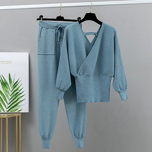 Bling off the shoulder 2 pc Sweater set Women V Neck Pullover  Autumn Winter Knitted Sweater Set