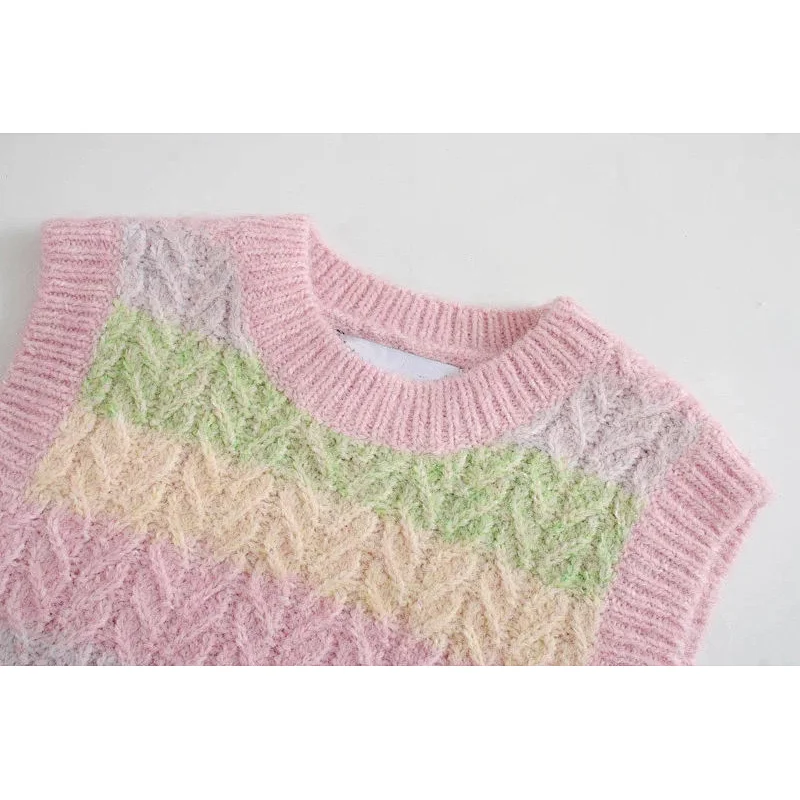 Sweet Fashion With Ribbed Trims Striped Women's Vest Sweater Vintage O Neck Sleeveless Chic Tops