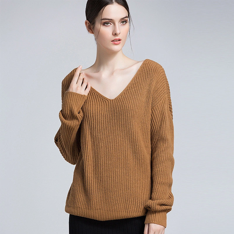 Women's V-neck pullover clothes leaky back knitwear fashion sweater