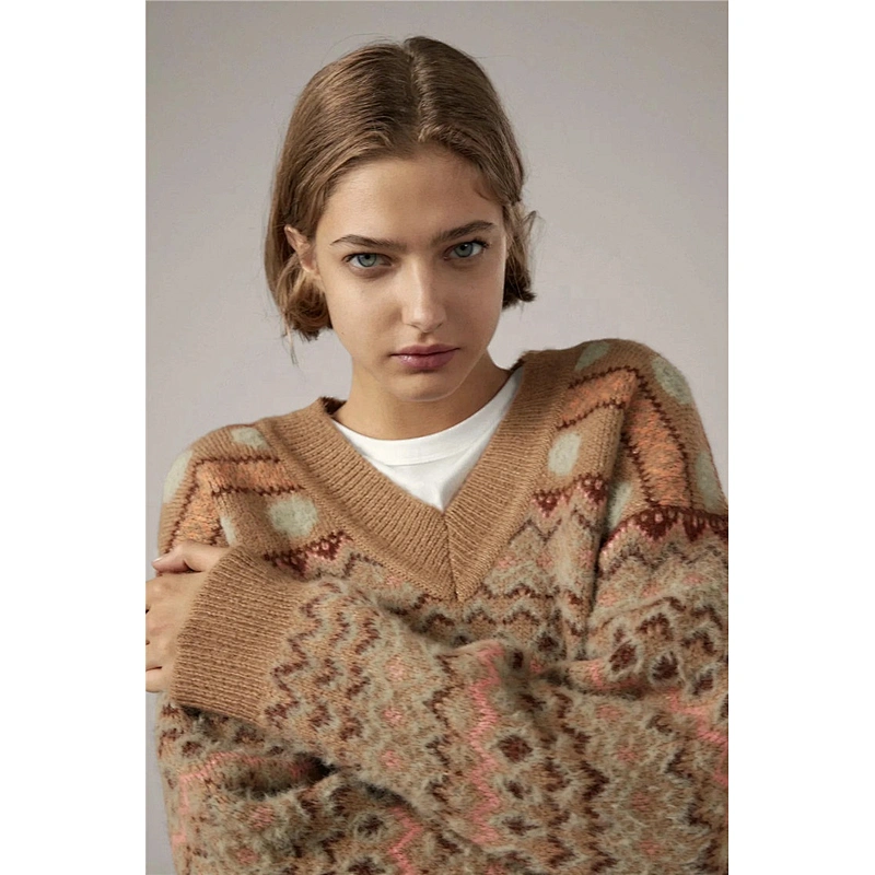 Ribbed Trims Jacquard Pullovers fashion sweaters for women trendy warm winter plus size crop top sweater