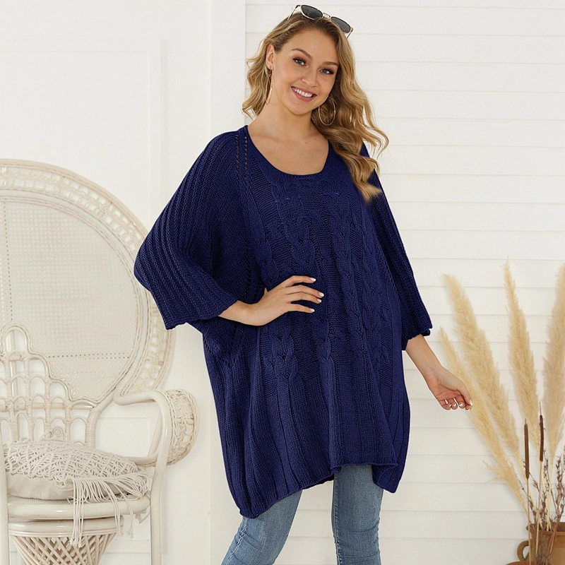 New Round Neck Mid Sleeve Pullover Jumper Loose Knit Long Plus Size Women Sweaters