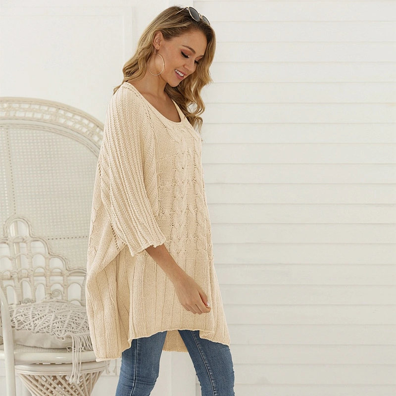 New Round Neck Mid Sleeve Pullover Jumper Loose Knit Long Plus Size Women Sweaters