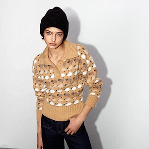 High Neck pullover hoodies womens with Buttons Loose Jacquard  trendy women sweaters
