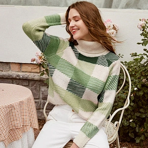 Casual turtleneck plaid women sweater pullover girl winter jumper long sleeve knitted sweaters for ladies