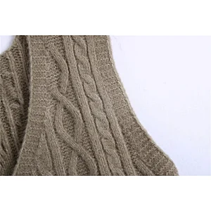 Women Ribbed Trims Cable Knitted Vest Sweaters Vintage V Neck Sleeveless Vest