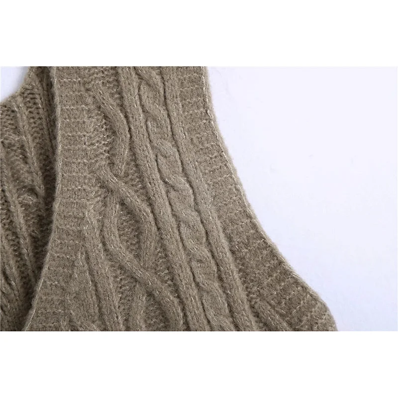 Women Ribbed Trims Cable Knitted Vest Sweaters Vintage V Neck Sleeveless Vest