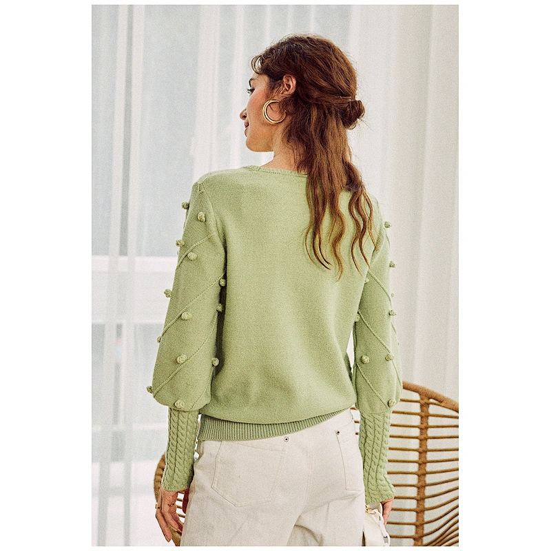 Elegant pompon women long sleeve knitted sweater streetwear ladies green pullover