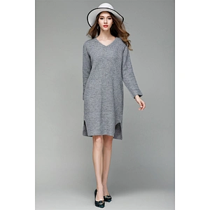Solid color clothing loose large size knitwear casual dress long V-neck fashion sweater