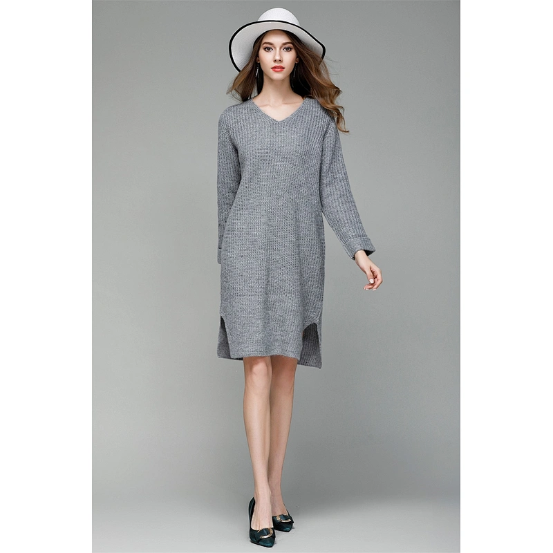 Solid color clothing loose large size knitwear casual dress long V-neck fashion sweater