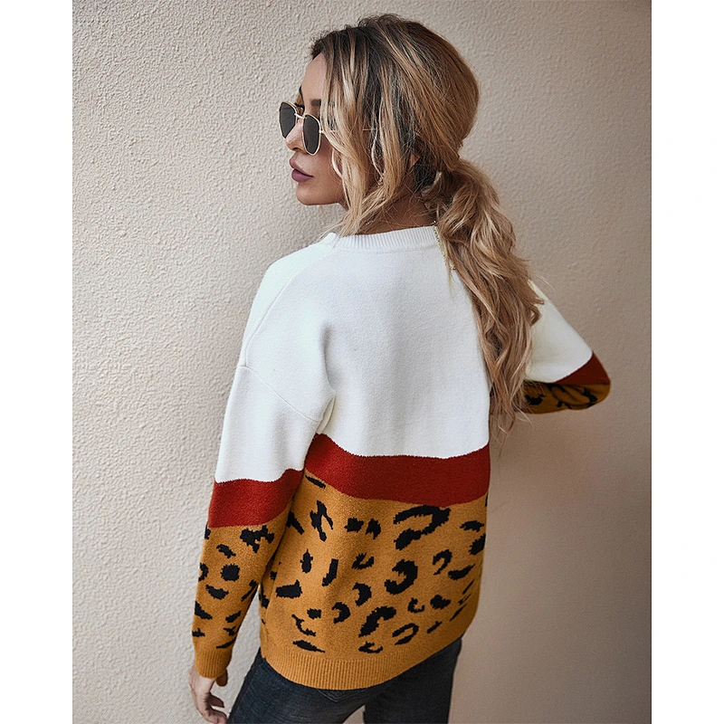 Women sweater trendy stitching leopard knit sweater wholesale hoodie apparel stock sueter mujer