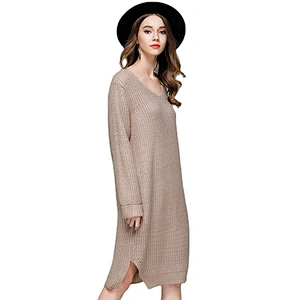 Solid color clothing loose large size knitwear casual dress long V-neck fashion sweater