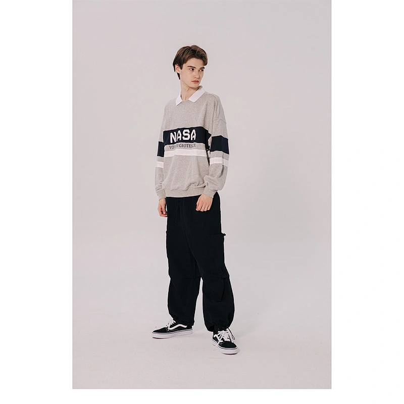 Autumn clothing women vintage polo pullover hoodie no pocket custom men grey pullover color block hoodie