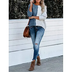 Women's High Quality Winter Korean Stylish Long Sleeve Color Block Knit Sweater For Ladies Casual Loose Round Neck Pullover