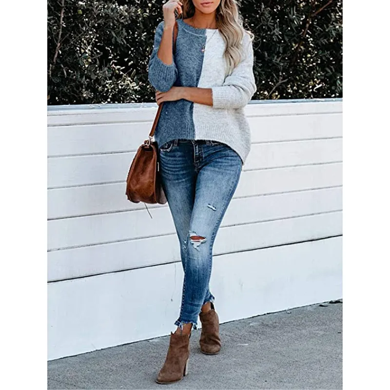 Women's High Quality Winter Korean Stylish Long Sleeve Color Block Knit Sweater For Ladies Casual Loose Round Neck Pullover