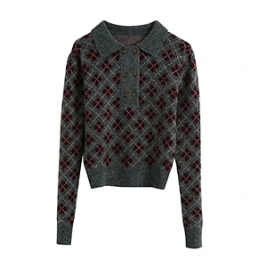 Fashion Argyle Cropped Knitted Sweater Vintage Round Lapel Collar winter Pullovers Blouse
