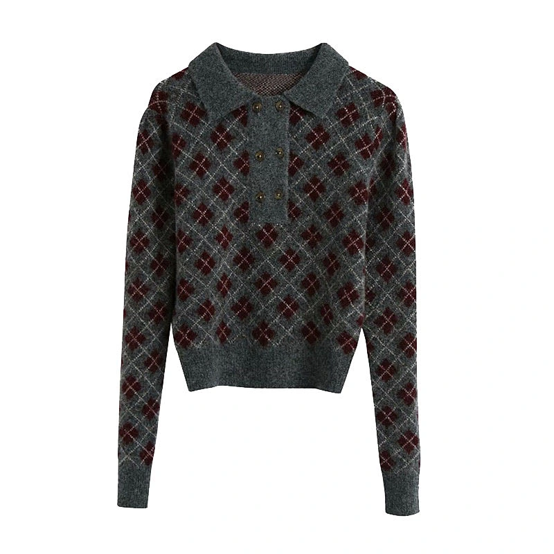 Fashion Argyle Cropped Knitted Sweater Vintage Round Lapel Collar winter Pullovers Blouse
