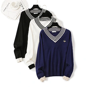 V-neck embroidery pullover long sleeve loose newprep fashion oversized sweaters