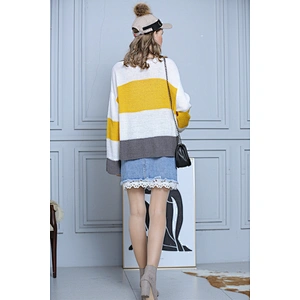Striped pullover apparel mohair knitwear stitching trumpet sleeve sweater