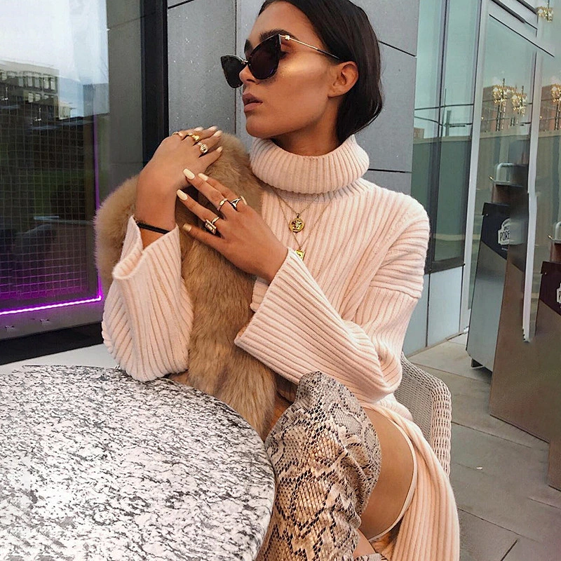 Women clothing high collar pure color sweater casual elegant fall apparel stock