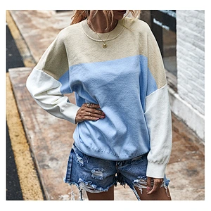 Fashion crew neck sweater color block batwing sleeve jumper loose top women knit sweater