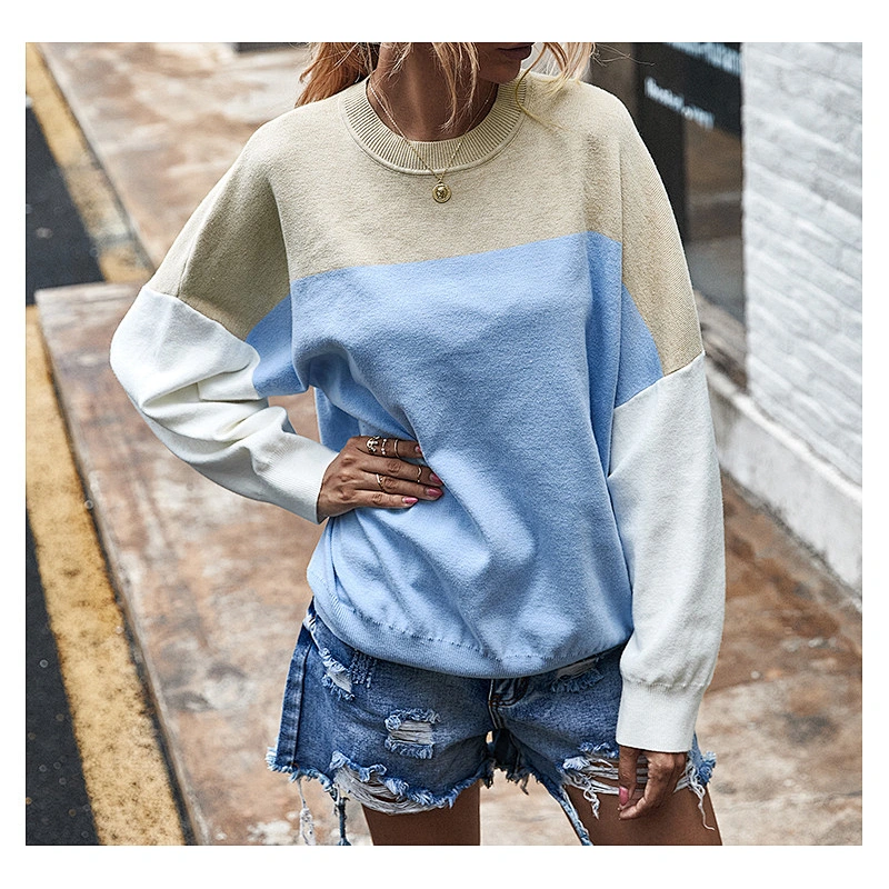 Fashion crew neck sweater color block batwing sleeve jumper loose top women knit sweater