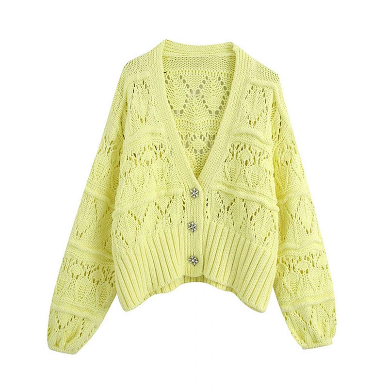 Women's Fashion Casual  Buttons Cropped Knitted Cardigan Sweater Puff Sleeve knitwear