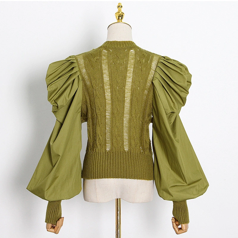 Autumn new style fashion retro puff sleeve tops round neck stitching knit sweater for women