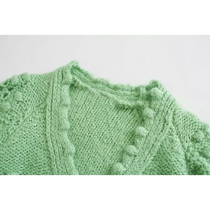 Women Textured Weave Cropped Knitted Cardigan Sweater Vintage Long Sleeve Button Cardigan