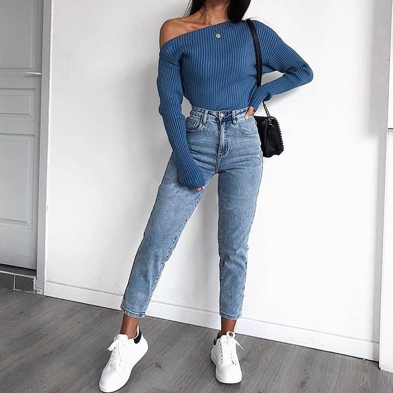 Women clothing slash neck sweaters pure color slim sweaters apparel stock
