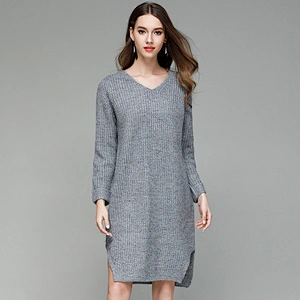 Solid color clothing loose large size knitwear casual dress long V-neck fashion sweater