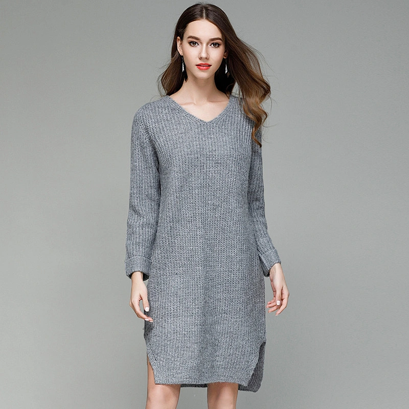 Solid color clothing loose large size knitwear casual dress long V-neck fashion sweater
