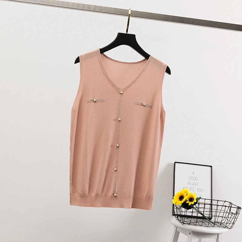 Summer thin V-neck knitted vest sweater women's t-shirt with beaded buttons