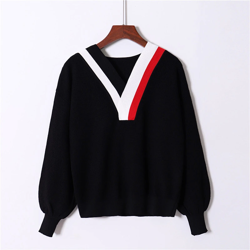Autumn v neck solid winter Pullover Sweaters Women Girl Female Knitted balloon sleeve Plus Size sweater