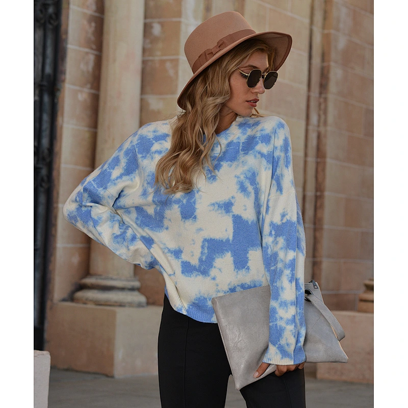 Knit pullover long-sleeved tops blouses blue tie-dye sweater knitwear for ladies