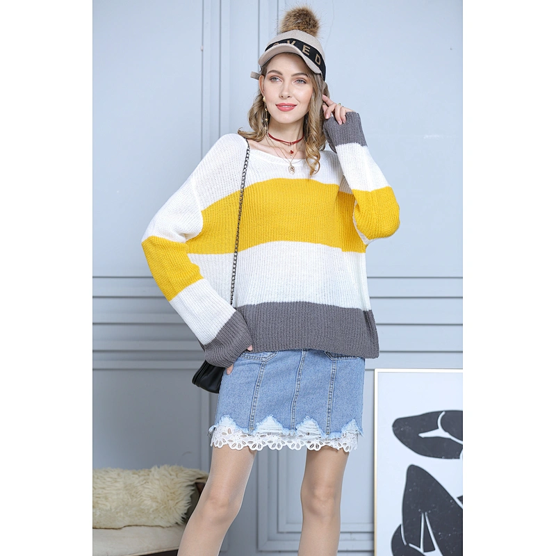 Striped pullover apparel mohair knitwear stitching trumpet sleeve sweater