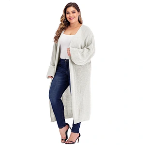 Plus size women loose pocket lantern sleeve long woven cardigan sweaters