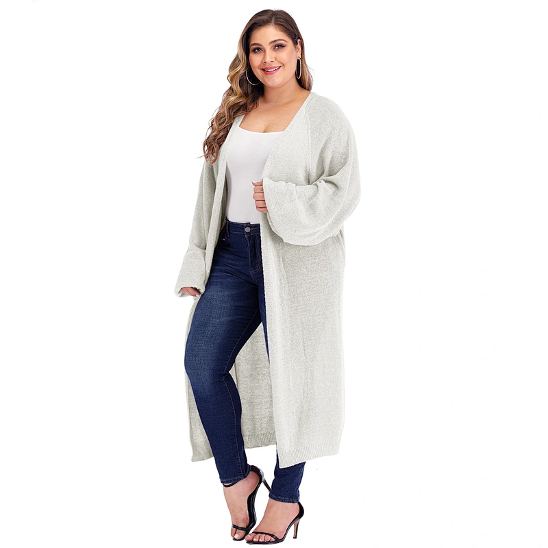 Plus size women loose pocket lantern sleeve long woven cardigan sweaters