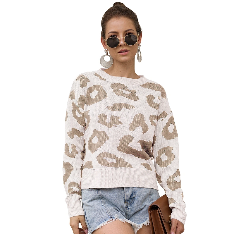 Leopard print round neck pullover long sleeve clothes women sweater