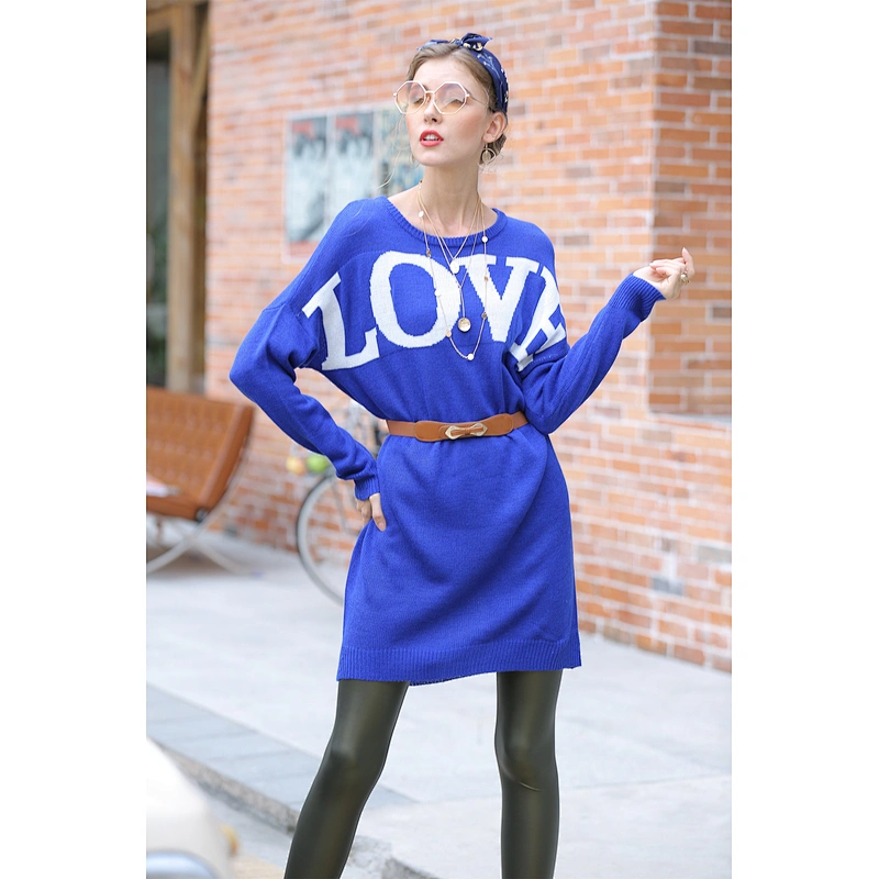 Round neck apparel pullover loose sweater letters jacquard long knitted dress