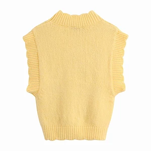 Women Sweet Fashion Floral Embroidery Knitted Vest Sweater Vintage High Neck Sleeveless Female Tops