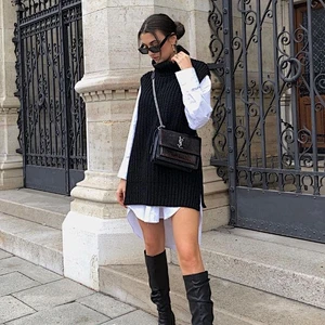 Fashion cotton turtleneck knitting sweater vest jumpers for women long sweater dress winter custom